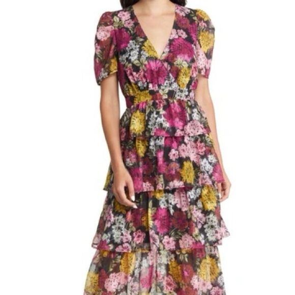 New ADELYN RAE Eliza Floral Print Puff Sleeve Tiered Midi Dress In Pink Sz S - Picture 2 of 8